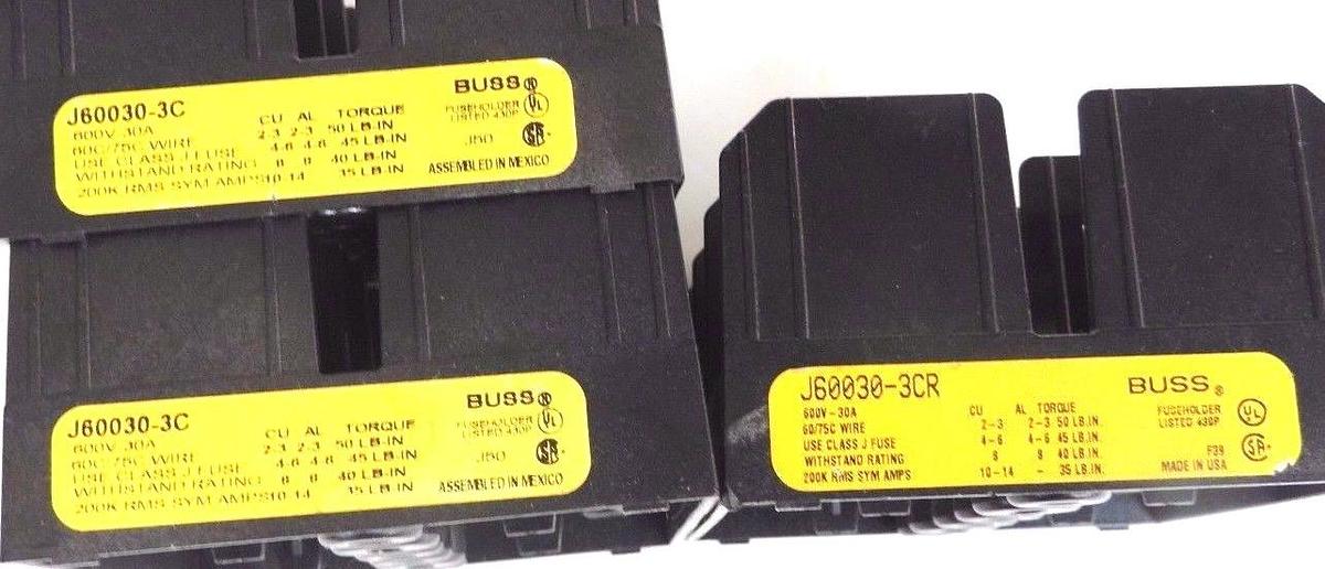Used 3 COOPER BUSSMAN J60030-3CR, J60030-3C FUSE HOLDERS 600V, 30A, 60/75C, J60030C
