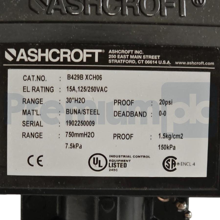 Used Ashcroft B429B XCH06 B-Series Pressure Switch 30"H2O 15A 125/250VAC B429BXCH-06