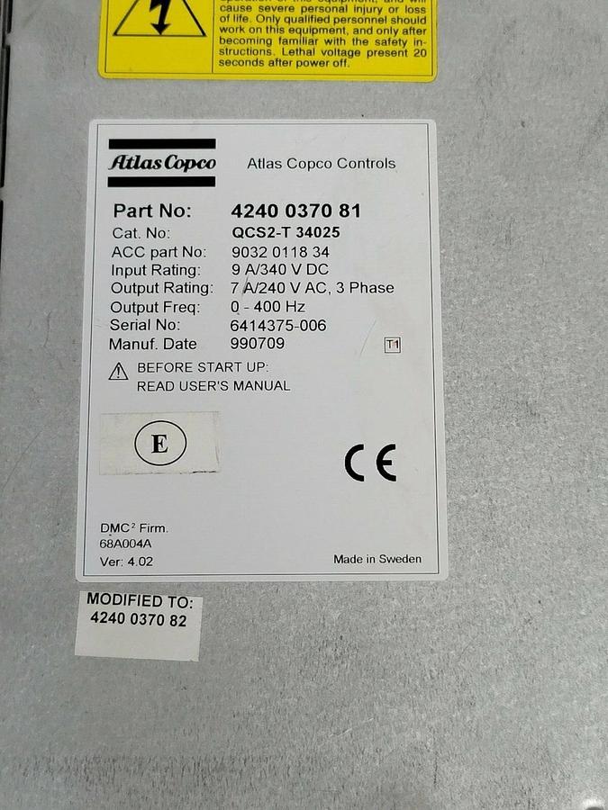 Used ATLAS COPCO 4240-0370-82 SERVO DRIVE 9A/340VDC 7A/240VAC 3PHASE