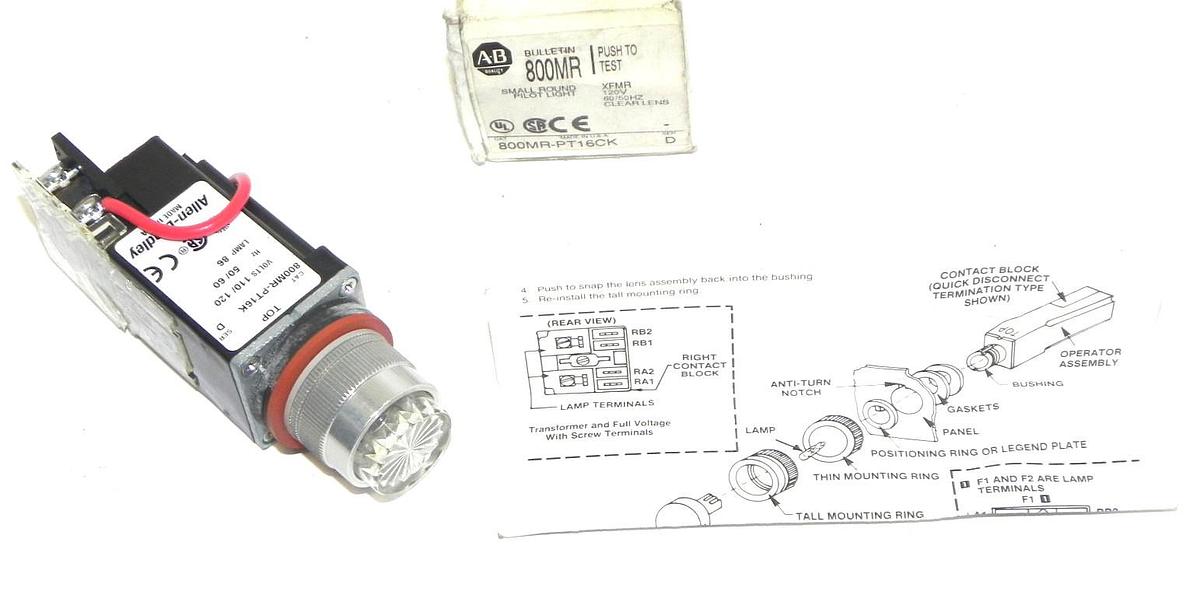 Used NIB ALLEN BRADLEY 800MR-PT16CK LIGHT, PUSH TO TEST PILOT SER. D