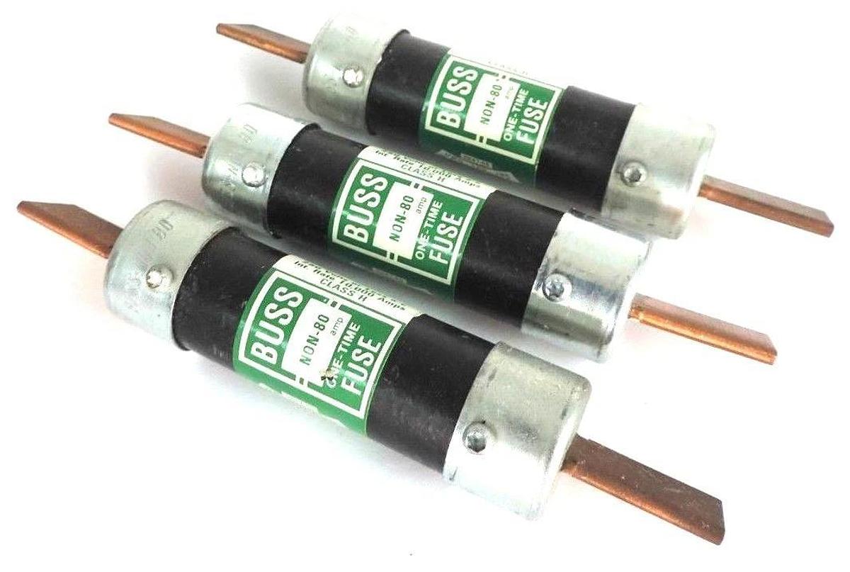 Used LOT OF 3 BUSSMANN NON-80 ONE TIME FUSES 80AMP 250V NON80