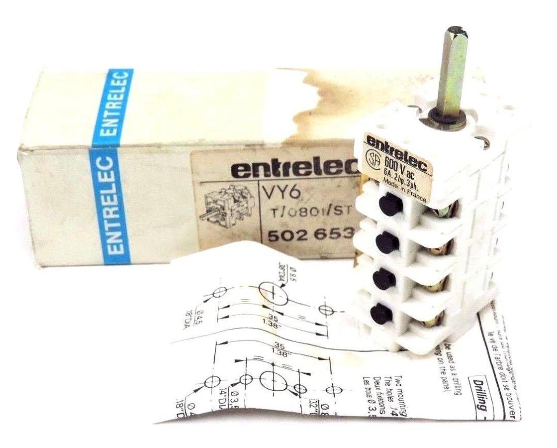 NIB ENTRELEC VY6 T/0801/ST ROTARY SWITCH 600VAC, 6A, 2HP, 3PH, VY6