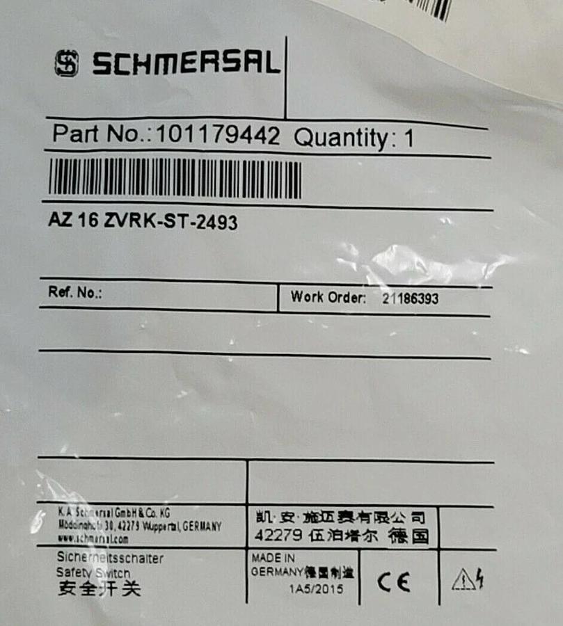 Used NEW SCHMERSAL P/N: 101179442 SAFETY SWITCH AZ16ZVRKST2493, AZ 16 ZVRK-ST-2493