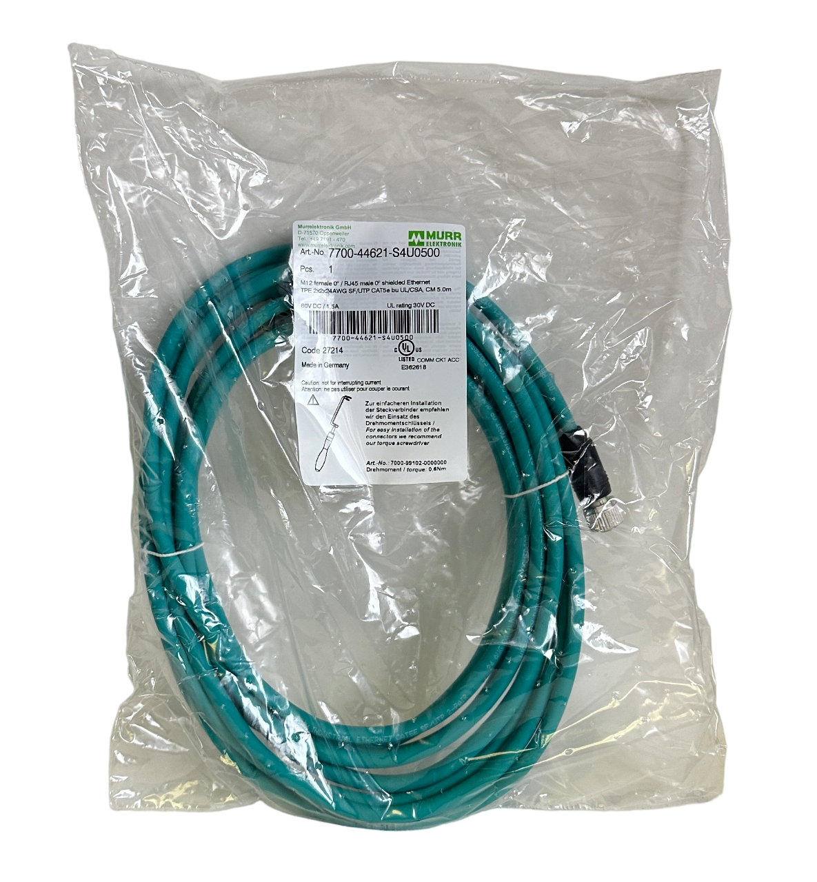 NEW MURR ELEKTRONIK 7700-44621-S4U0500 / 770044621S4U0500 M12 FEMALE RJ45 Enet