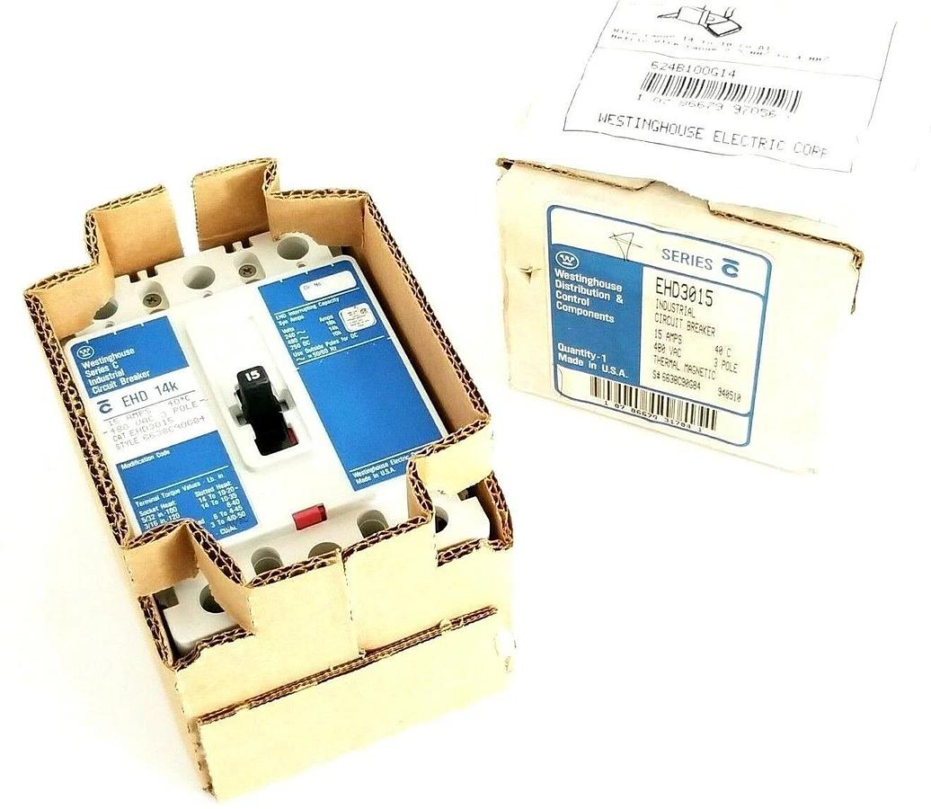 Used NIB WESTINGHOUSE EHD3015 CIRCUIT BREAKER 15A 480VAC 3P W/ 624B100G14 KIT