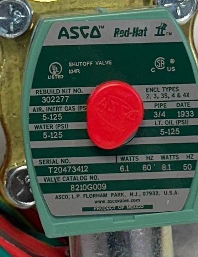 ASCO 8210G009120/60,110/50 / 8210G009 Red-Hat SOLENOID VALVE 3/4'' 110/120V NSMP
