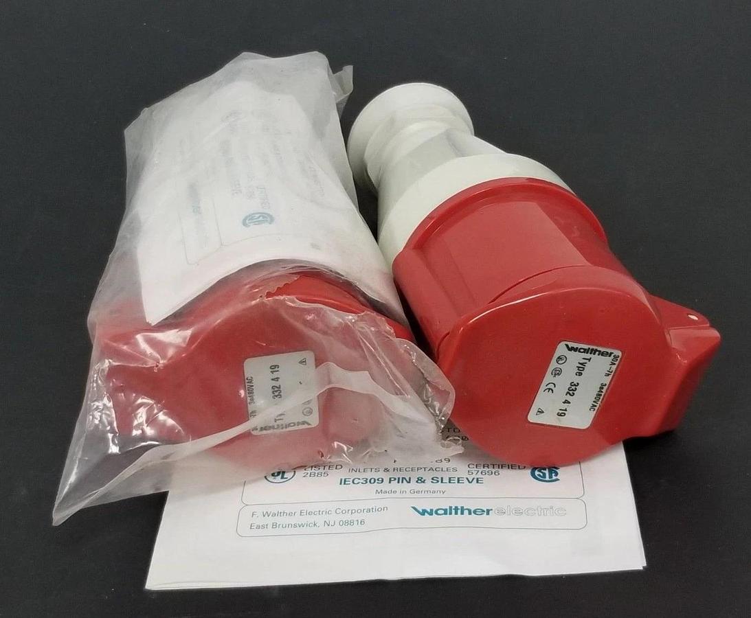 Used LOT OF 2 NEW IN BAG WALTHER 332-4-19 IEC309 PIN AND SLEEVE SPLASHPROOF CONNECTOR