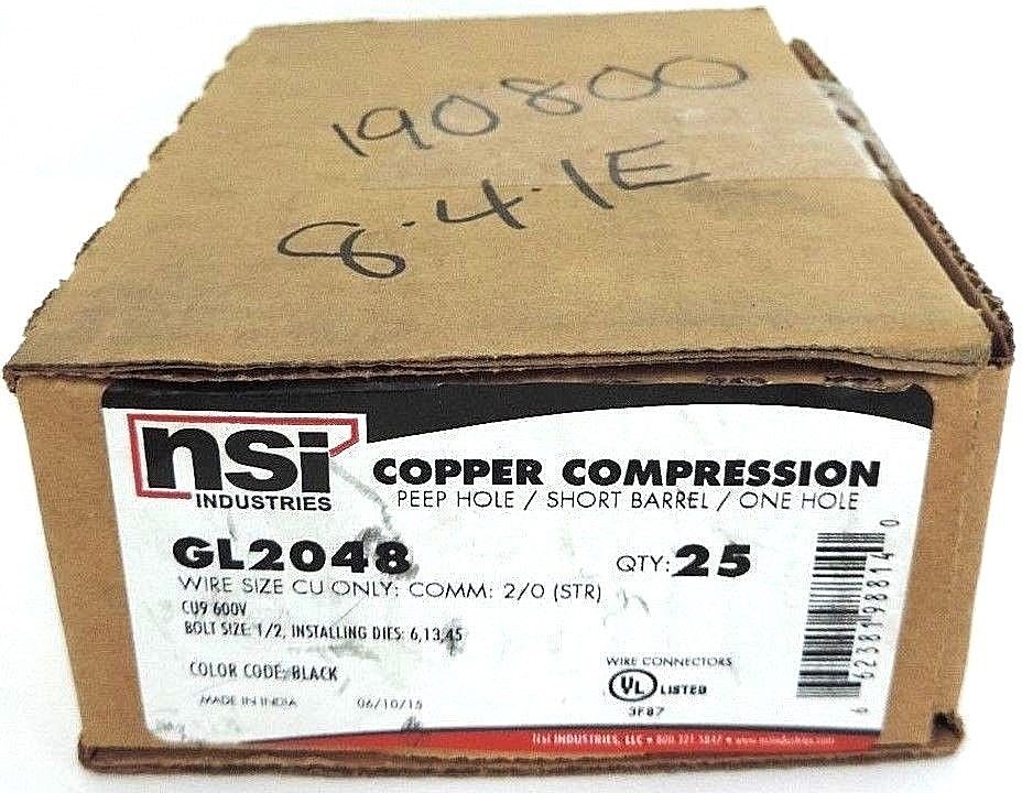 NIB NSI GL2048 COPPER COMPRESSION SHORT BARREL, ONE HOLE, BLACK - QTY 25