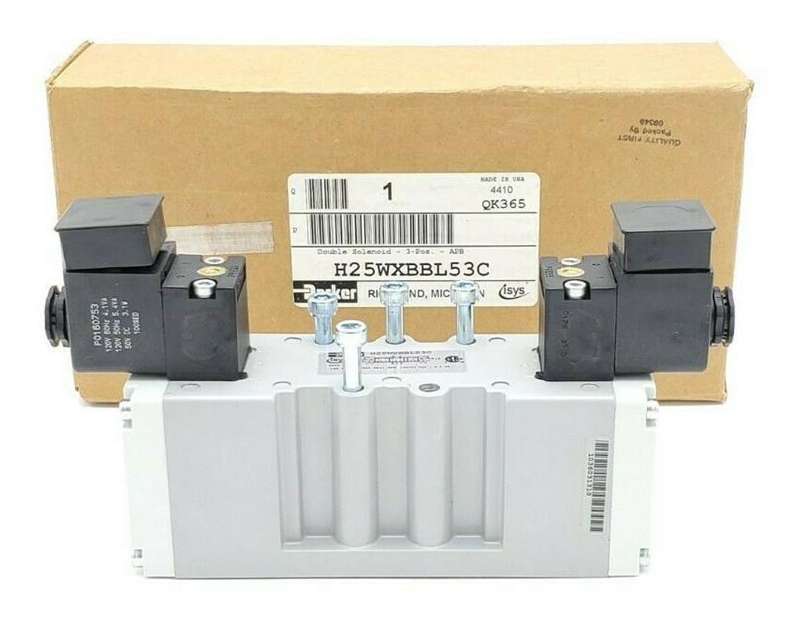 Used NIB PARKER H25WXBBL53C DOUBLE SOLENOID VALVE 3-POS. APB 145PSIG 120VAC
