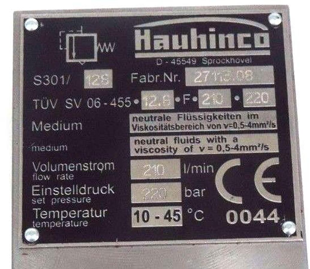 Used HAUHINCO S301/128 HYDRAULIC VALVE FAB 27113.08 TUV SV 06-455-12.8-F-210-220 NEW