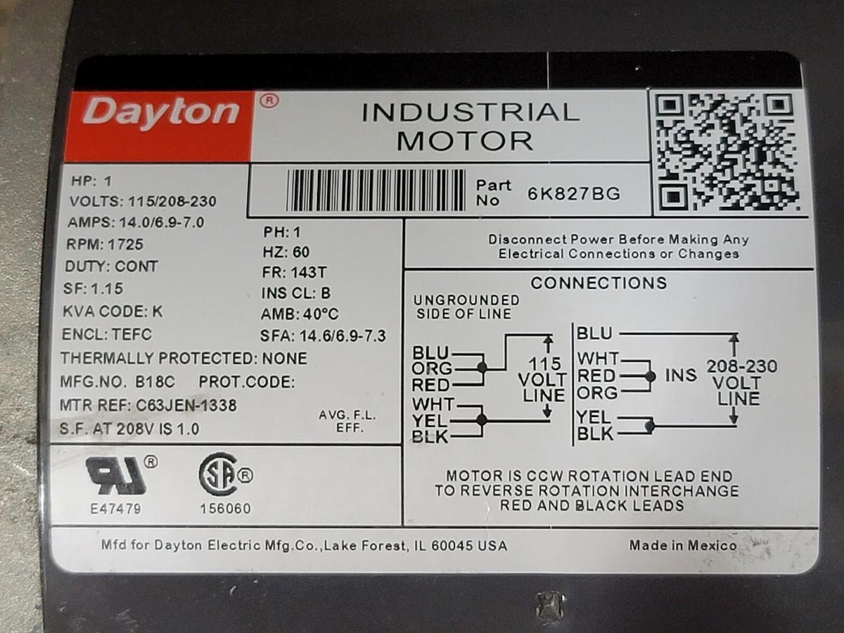 Used NEW DAYTON 6K827BG INDUSTRIAL MOTOR 1HP 60Hz 1PHASE 6K827