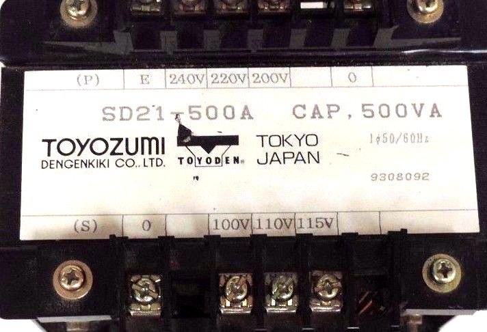 Used TOYOZUMI DENGENKIKI SD21-500A TRANSFORMER 500VA, 50/60HZ, SD21500A