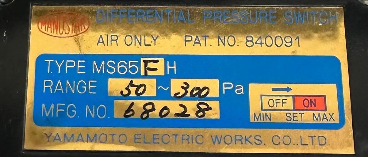 Used YAMAMOTO MANOSTAR MS65FH MSF-65 / MSF65 DIFFERENTIAL PRESSURE SWITCH 68027
