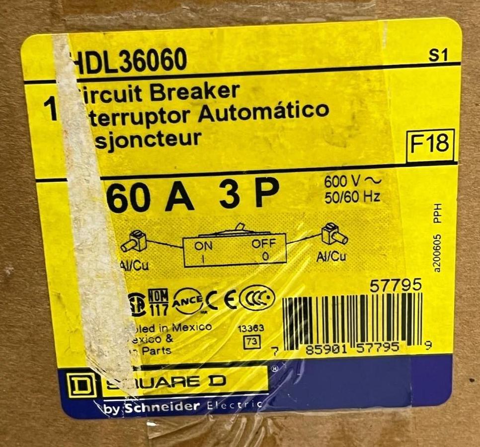SQUARE D HDL36060 Circuit Breaker | PowerPact H-Frame | 60A 3P 600V | NSMP