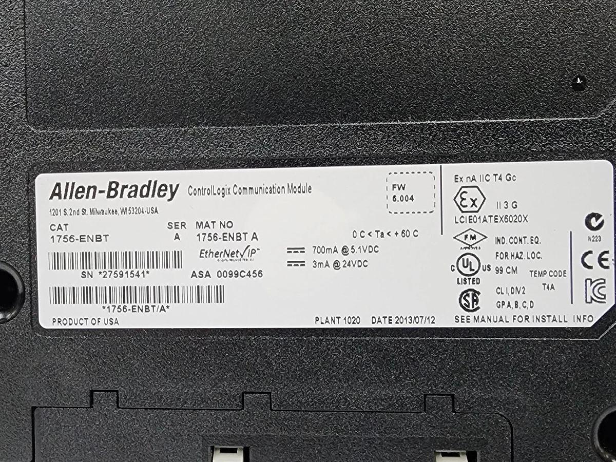 Used ALLEN BRADLEY 1756-ENBT SER. A CONTROLLOGIX COMMUNICATION MODULE FRN: 6.004