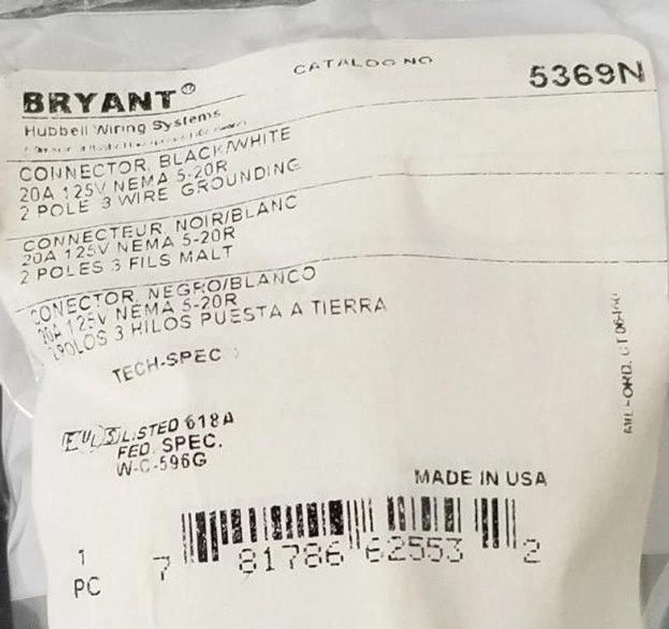 Used BOX OF 6 NEW BRYANT 5369N CONNECTORS BLACK/WHITE 20A 125V NEMA 5-20R 2P 3W