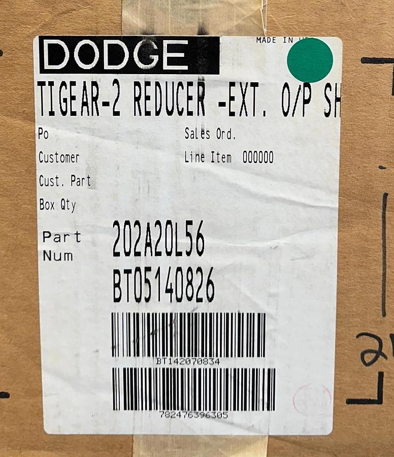DODGE 202A20L56 TIGEAR-2 REDUCER-EXT O/P SHAFT LEFT 20:1 RATIO 1.37HP MAX NSMP