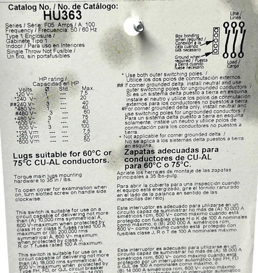 Square D HU363 Heavy Duty Safety Switch 100A 600V 3-Pole Non-Fusible - NSMP