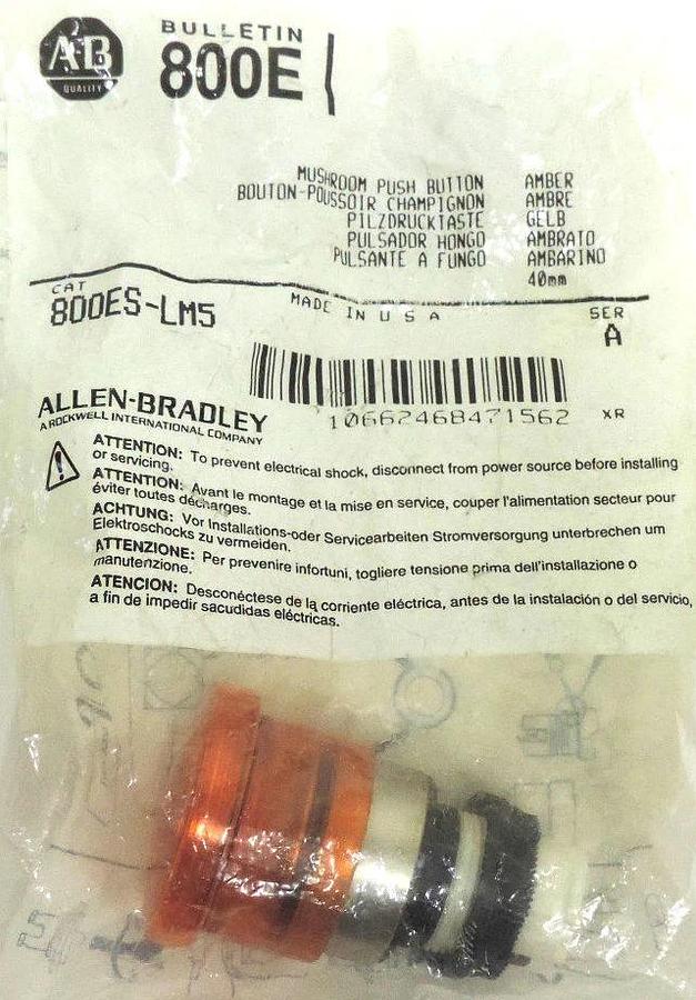 Used NEW ALLEN BRADLEY 800ES-LM5 AMBER MUSHROOM PUSHBUTTON SER. A
