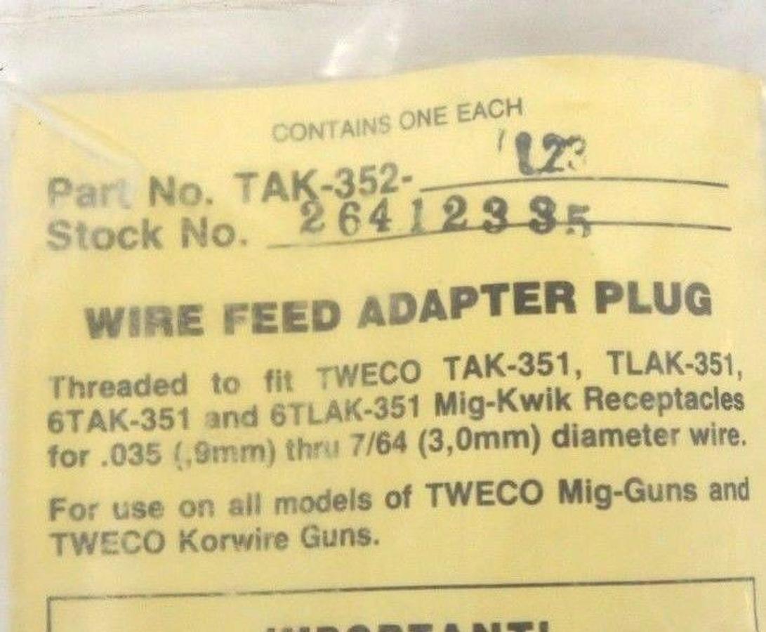 NIB TWECO THERMADYNE TAK-352-L23 WIRE FEED ADAPTER PLUG 26412335