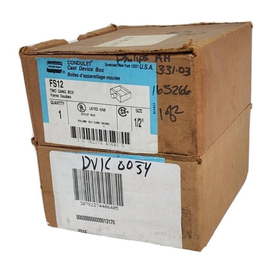 Used LOT OF 2 NIB CROUSE HINDS FS12 TWO GANG BOXES SIZE: 1/2''