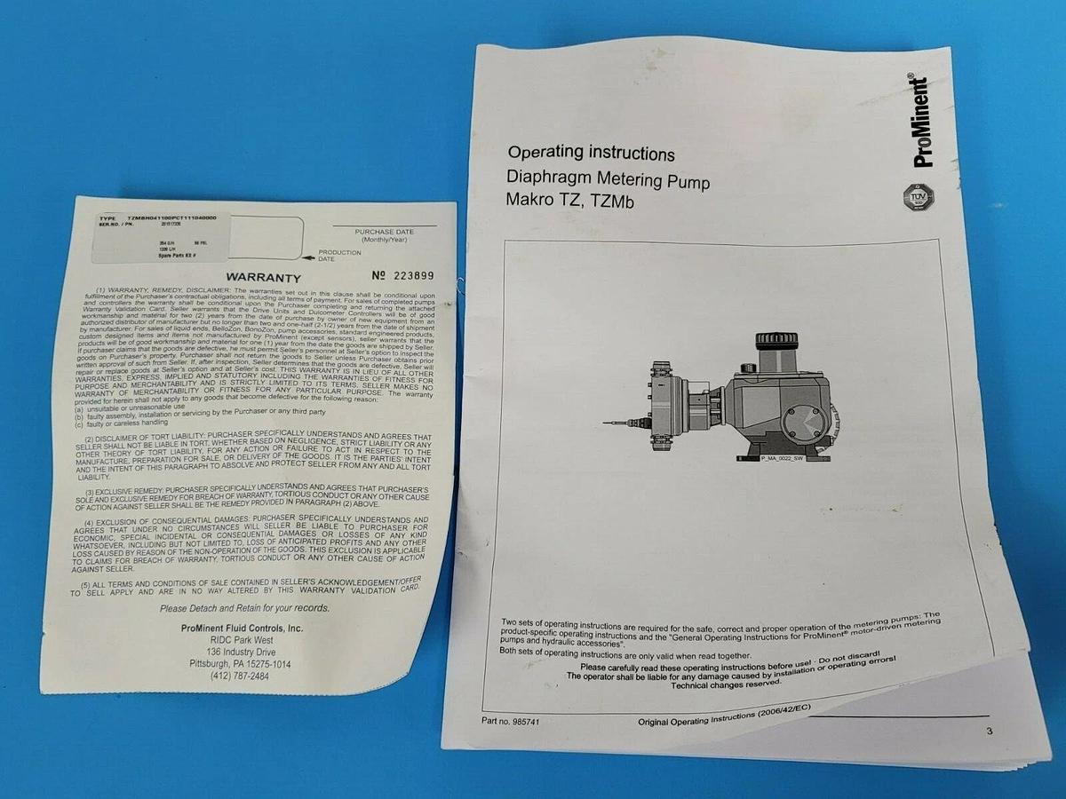 Used NEW PROMINENT TZMBH041100PCT111040000 354 G/H 58 PSI. 1339 L/H P/N: 20.1517335