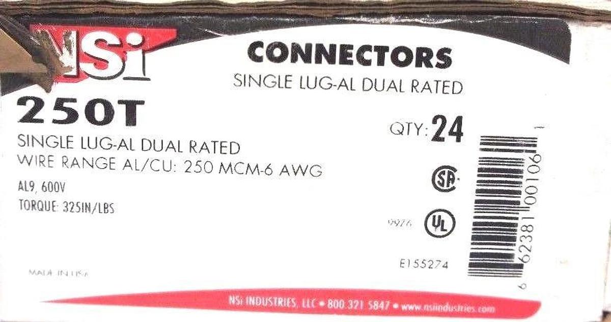 Used BOX OF 4 NEW NSI 250T CONNECTORS SINGLE LUG-AL DUAL RATED
