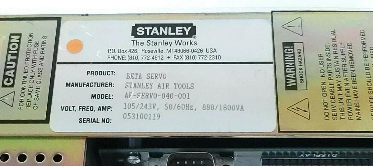 Used STANLEY AF-SERVO-040-001 SERVO DRIVE S/N: 053100119, 105/243V, 50/60Hz
