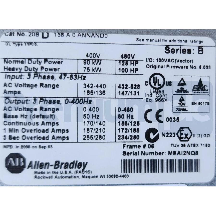 Refurbished Allen Bradley 20BD156A0ANNAND0 /B PowerFlex 700 AC Drive 125HP 3Ph/480V Repaired