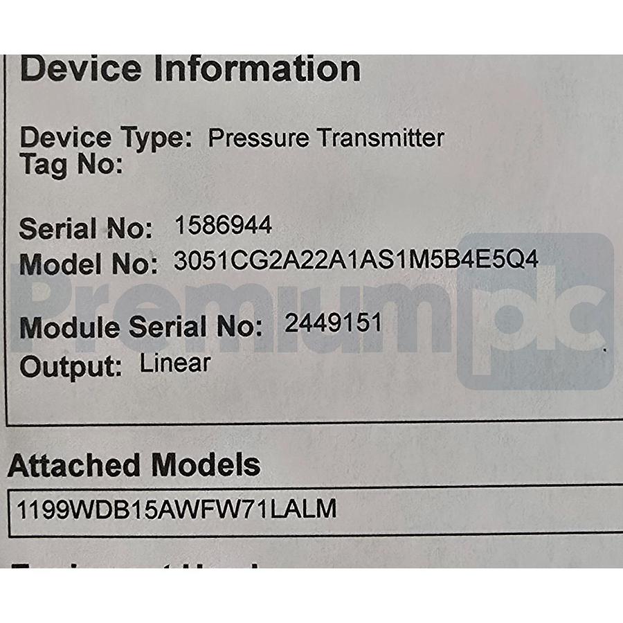 Rosemount 3051C Coplanar Pressure Transmitter 3051CG2A22A1AS1M5B4E5Q4 +1199 Seal