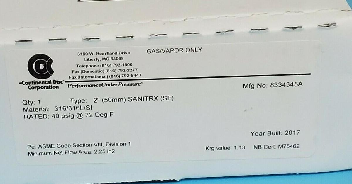 NIB CONTINENTAL DISC CORP. 8334345A TYPE: 2'' 50mm SANITRX (SF) RUPTURE DISC
