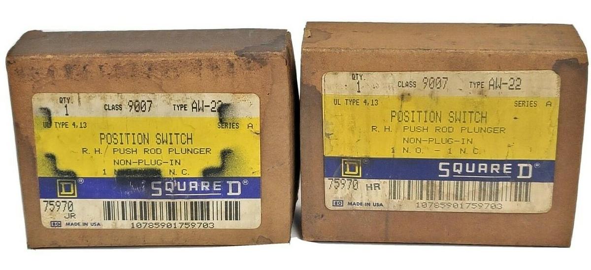 Used (2) NIB SQUARE D 9007-AW-22 POSITION SWITCHES R.H PUSH ROD PLUNGER 9007AW22