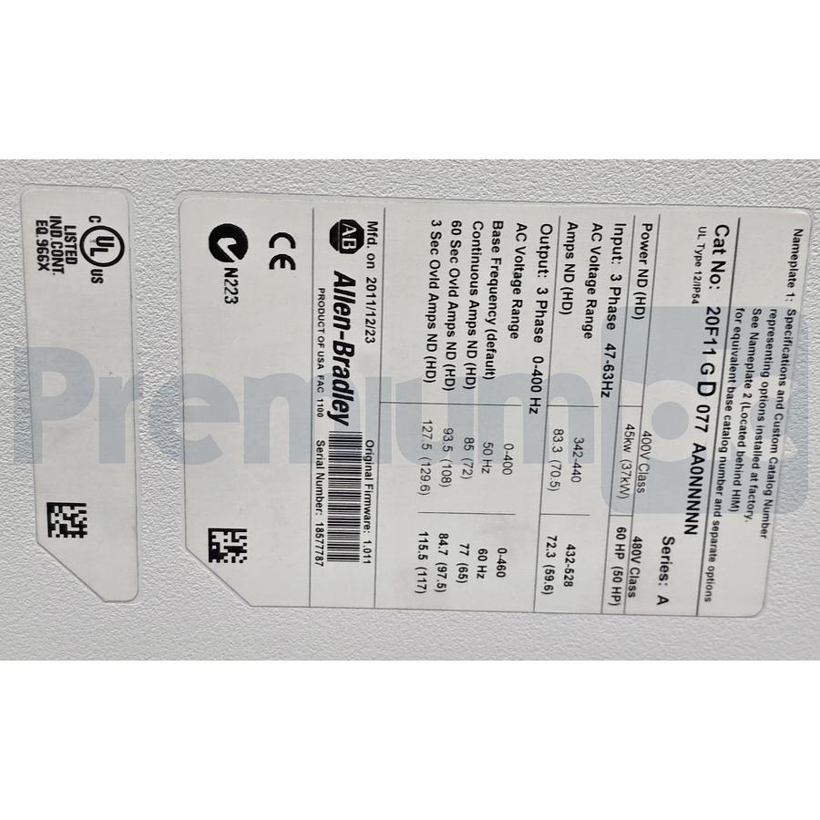 Used Allen Bradley 20F11GD077AA0NNNNN /A PowerFlex 753 AC Drive 480V 60HP NSMP (read)
