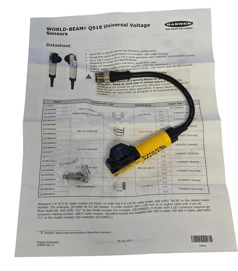 Used BANNER QS18APWLPQ2 WORLD-BEAM PHOTOELECTRIC SENSOR (79575) 20-140 V AC/DC