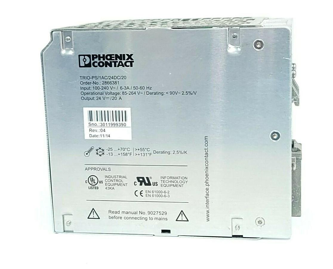 Used PHOENIX CONTACT TRIO-PS/1AC/24DC/20 POWER SUPPLY 2866381 OUTPUT: 24 V DC/20 A