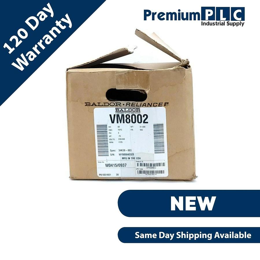 NEW BALDOR VM8002 MOTOR .75HP 1725RPM 3PH 60HZ 56C SPEC: 34K38-883