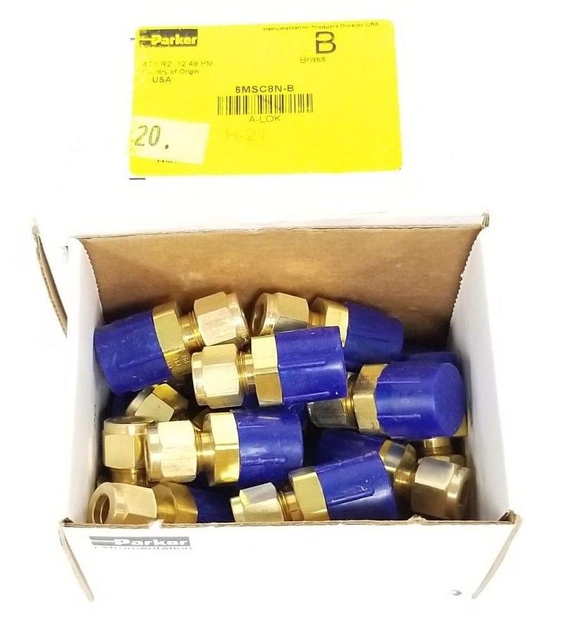 Used BOX OF 20 NEW PARKER 6MSC8N-B BRASS FITTINGS, 3/8" A-LOK X 1/2" MNPT, 6MSC8NB