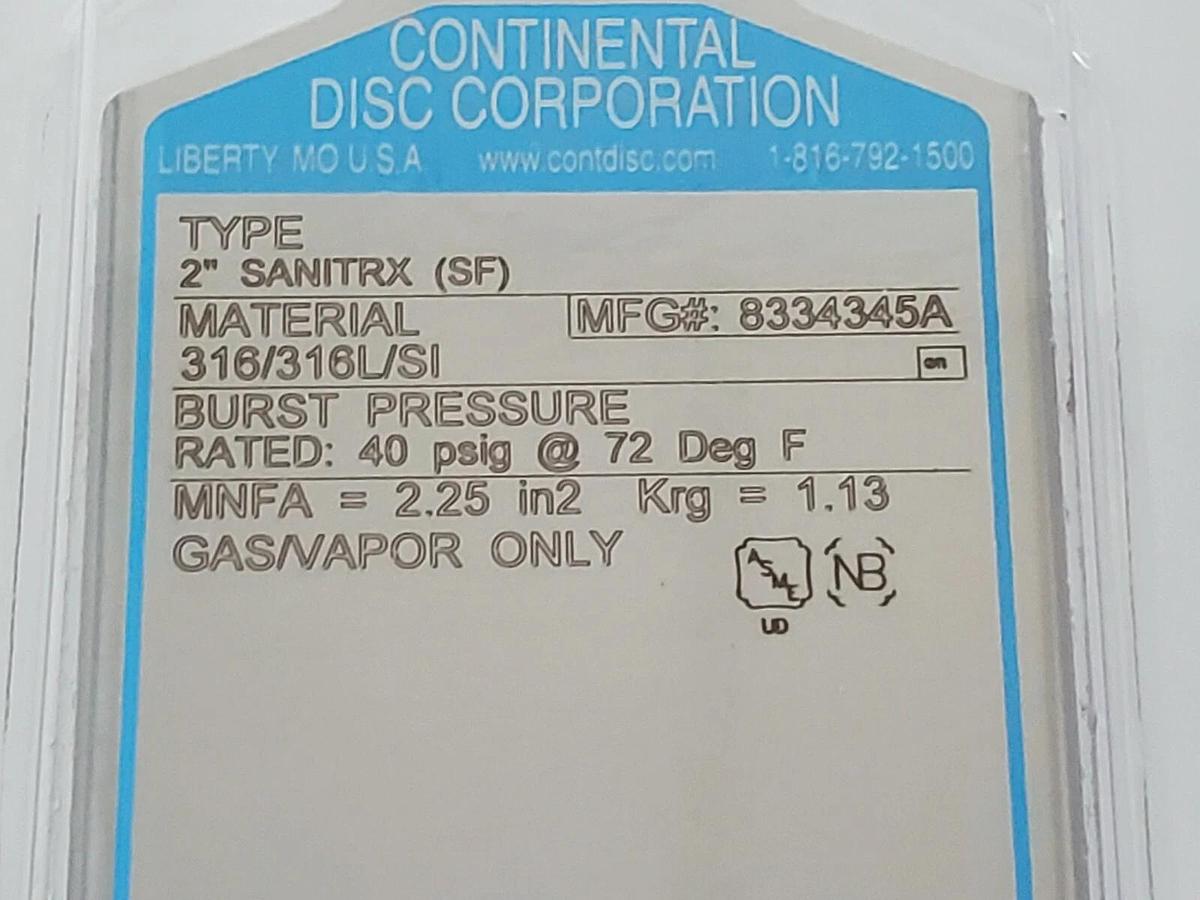 Used NIB CONTINENTAL DISC CORP. 8334345A TYPE: 2'' 50mm SANITRX (SF) RUPTURE DISC