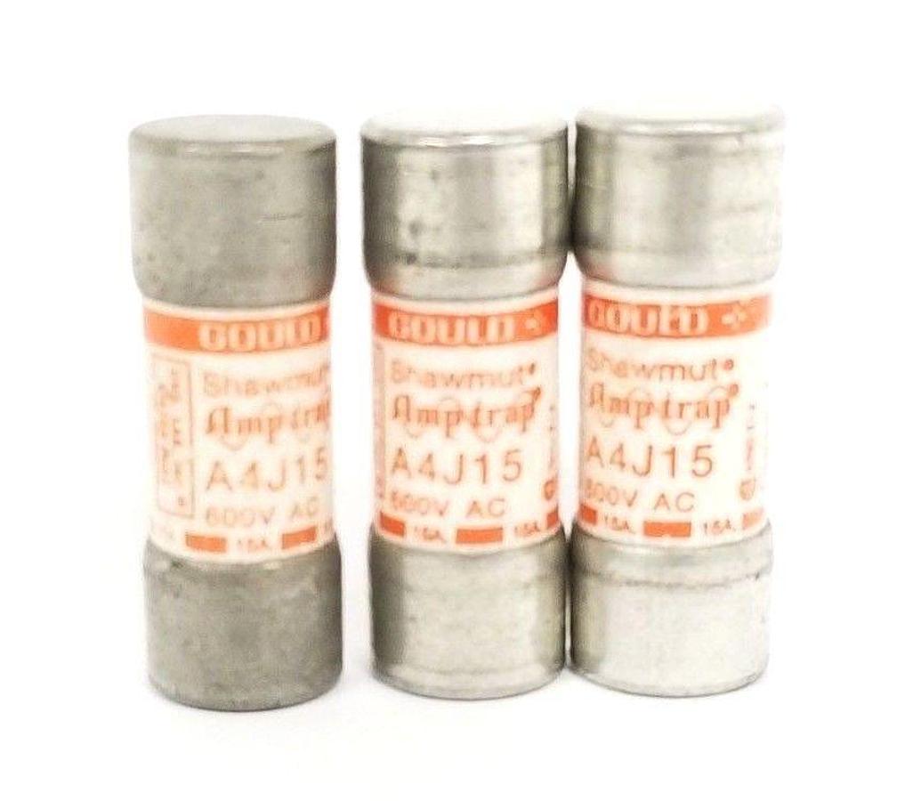 Used LOT OF 3 GOULD SHAWMUT A4J15 AMP TRAP FUSES 600V AC, CLASS J 15AMPS