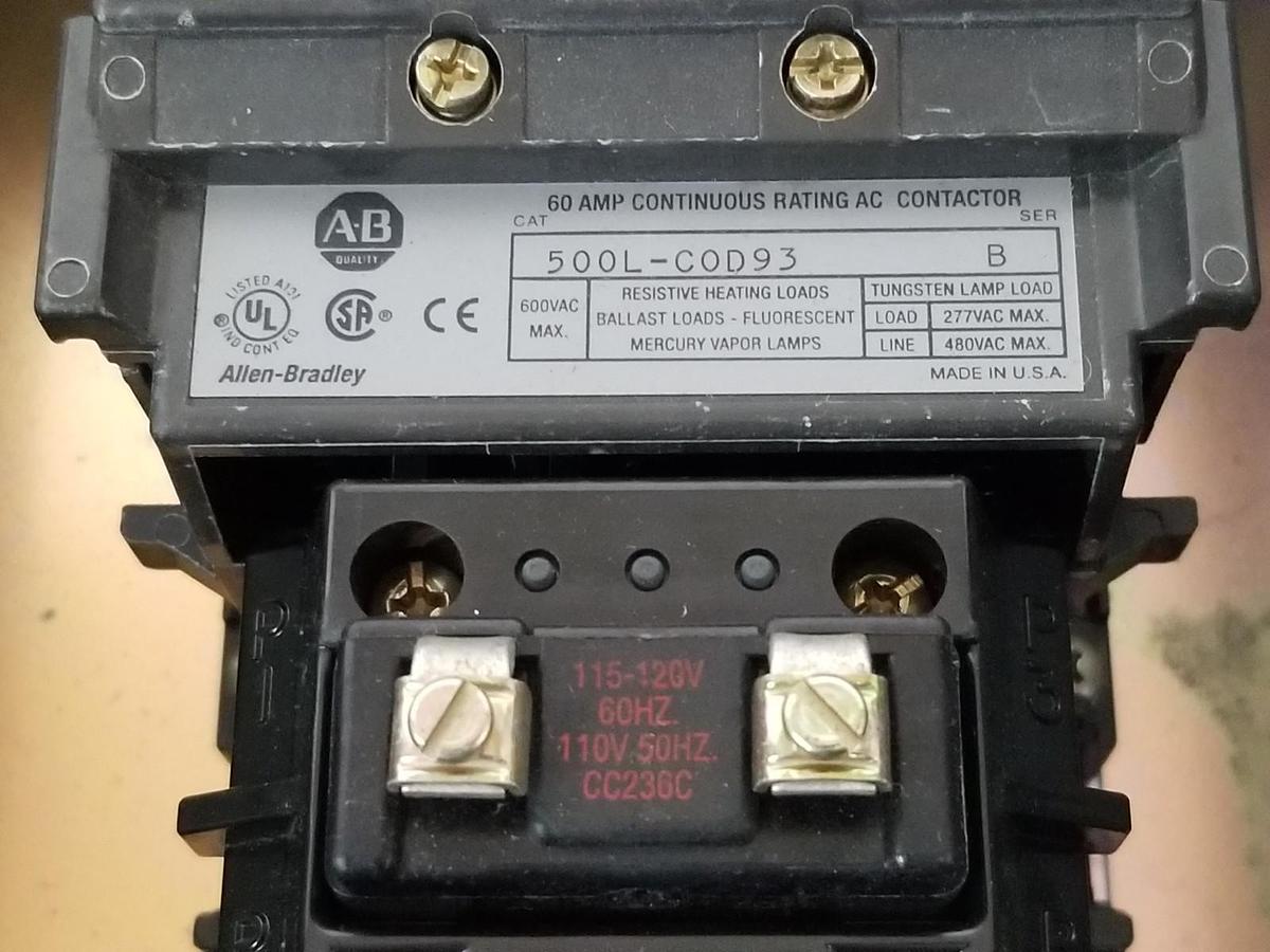 Used NEW ALLEN BRADLEY 500L-CJD93 AC LIGHTING CONTACTOR SER. B W/ 500L-COD93 SER. B
