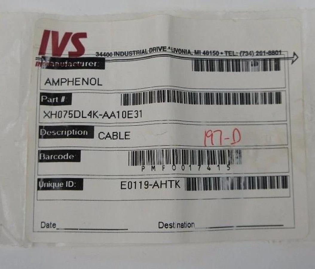 Refurbished AMPHENOL XH075DL4K-AA10E31 CABLE E0119-AHTK 31' (9.44M) WHS52059 0119-AHTK