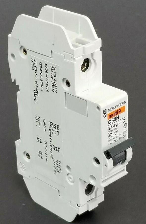 Used MERLIN GERIN CAT. NO. 60103 MULTI9 CIRCUIT BREAKER C60N 2A-TYPE C 240VAC