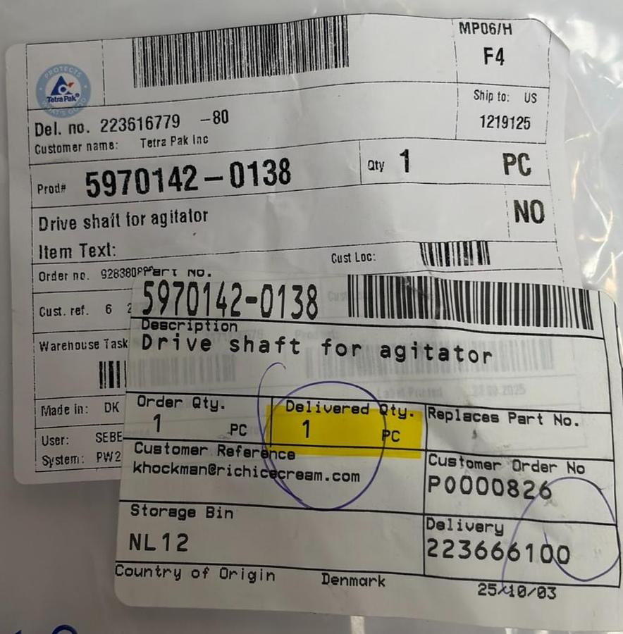 Used Tetra Pak ID2000 Drive Shaft for Agitator 5970142-0138 Stainless Steel New
