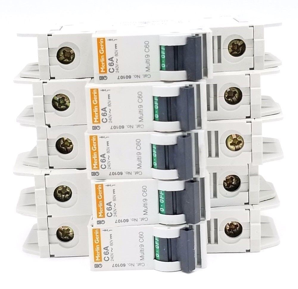 Used LOT OF 5 MERLIN GERIN 60107 MULTI 9 C60 CIRCUIT BREAKERS C6A 240V~ 60V