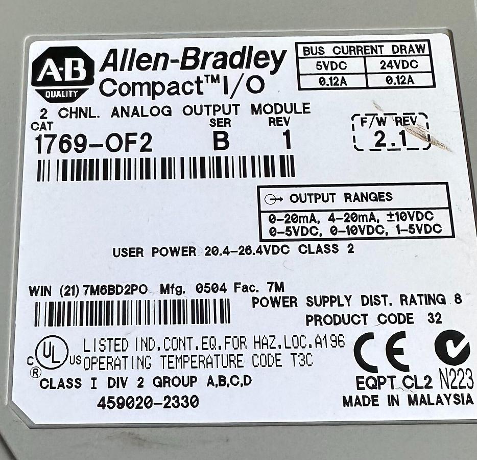 Used ALLEN BRADLEY 1769-OF2 /B Compact I/O 2CHNL ANALOG OUTPUT MODULE FW. 2.1 1769OF2