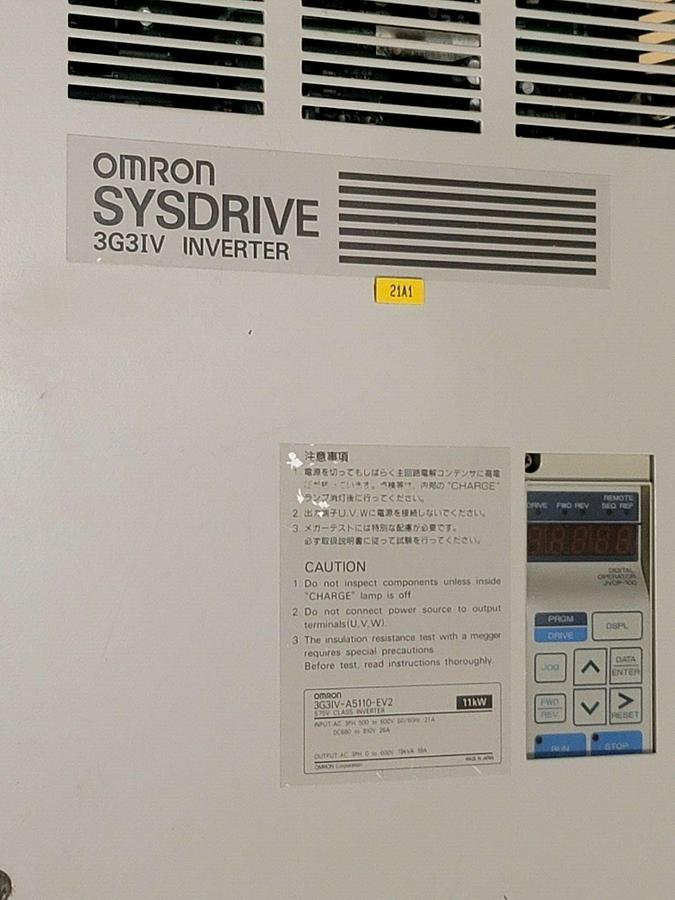 Used OMRON CIMR-G3U5011 SYSDRIVE 3G3IV INVERTER 3-PHASE AMPS: 21 W/ JVOP-100