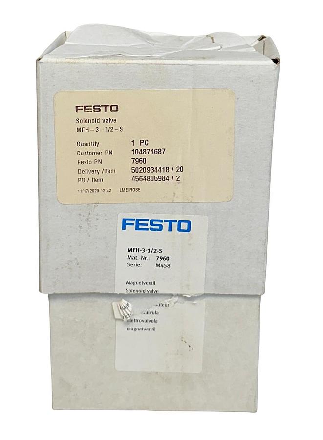 Used NEW FESTO MFH-3-1/2-S / 7960 ELECTRICAL AIR SOLENOID VALVE 3/2 52mm NSMP