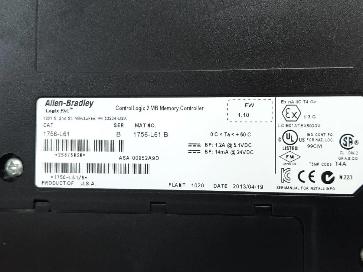 Used ALLEN BRADLEY 1756-L61 SER. B CONTROLLOGIX PROCESSOR F/W REV. 1.10