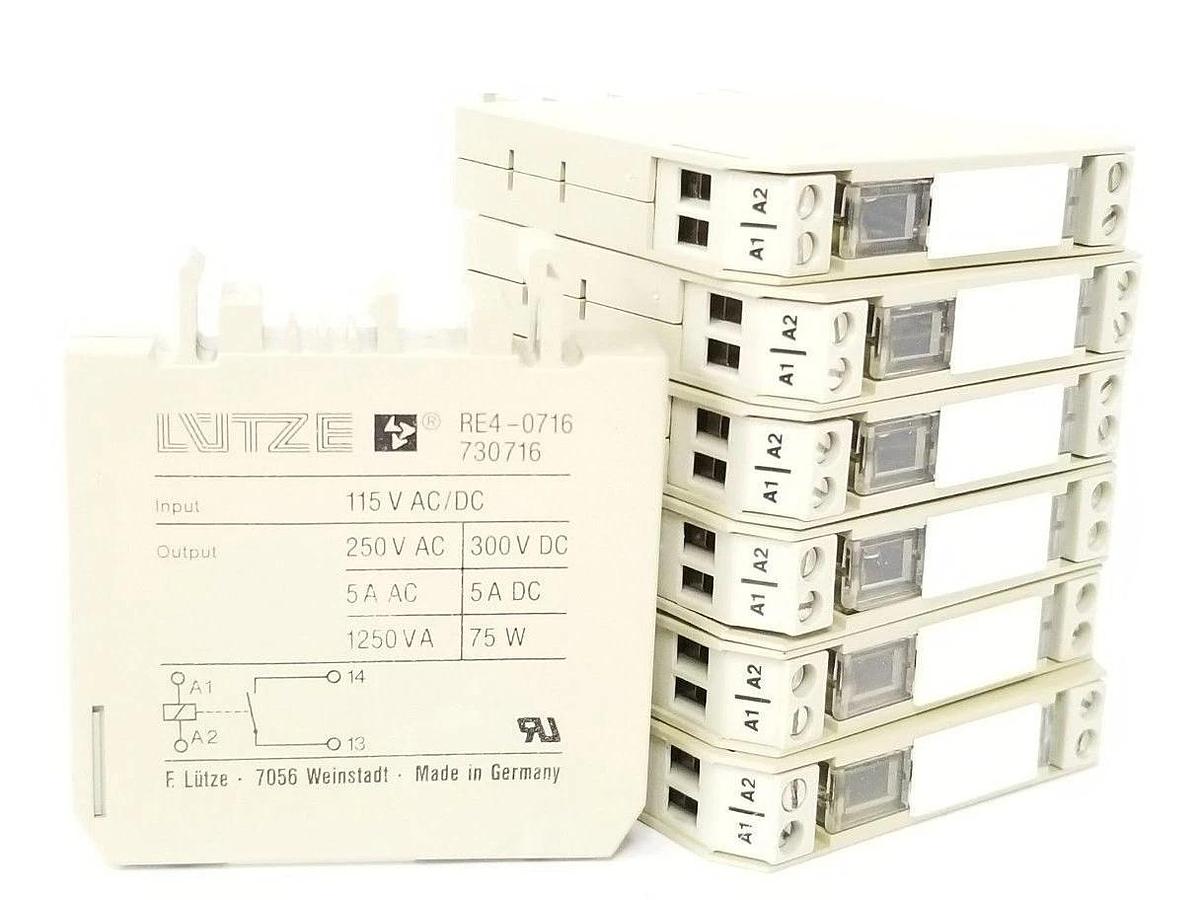 Used LOT OF 7 LUTZE RE4-0716 RELAYS 115V INPUT, 730716, RE40716