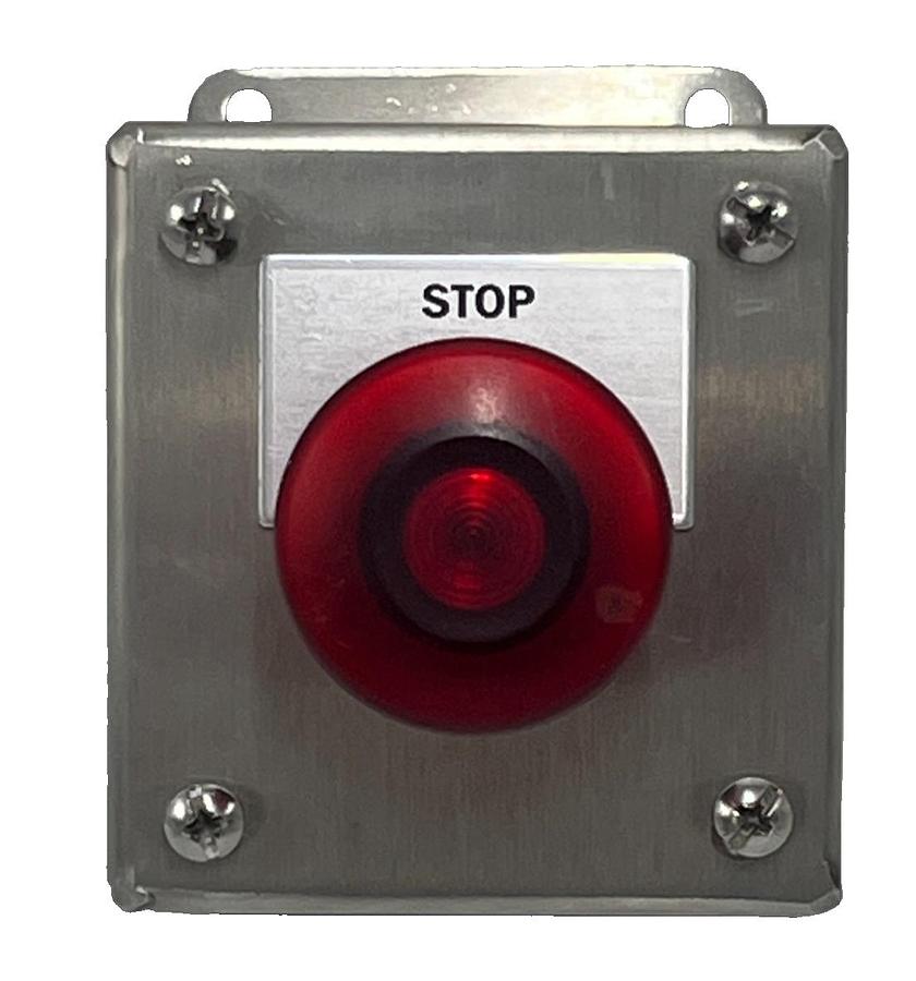 Used HOFFMAN E1PBSS STAINLESS STEEL ENCLOSURE W/ SIEMENS 52BM9W2 RED PUSHBUTTON NSNP